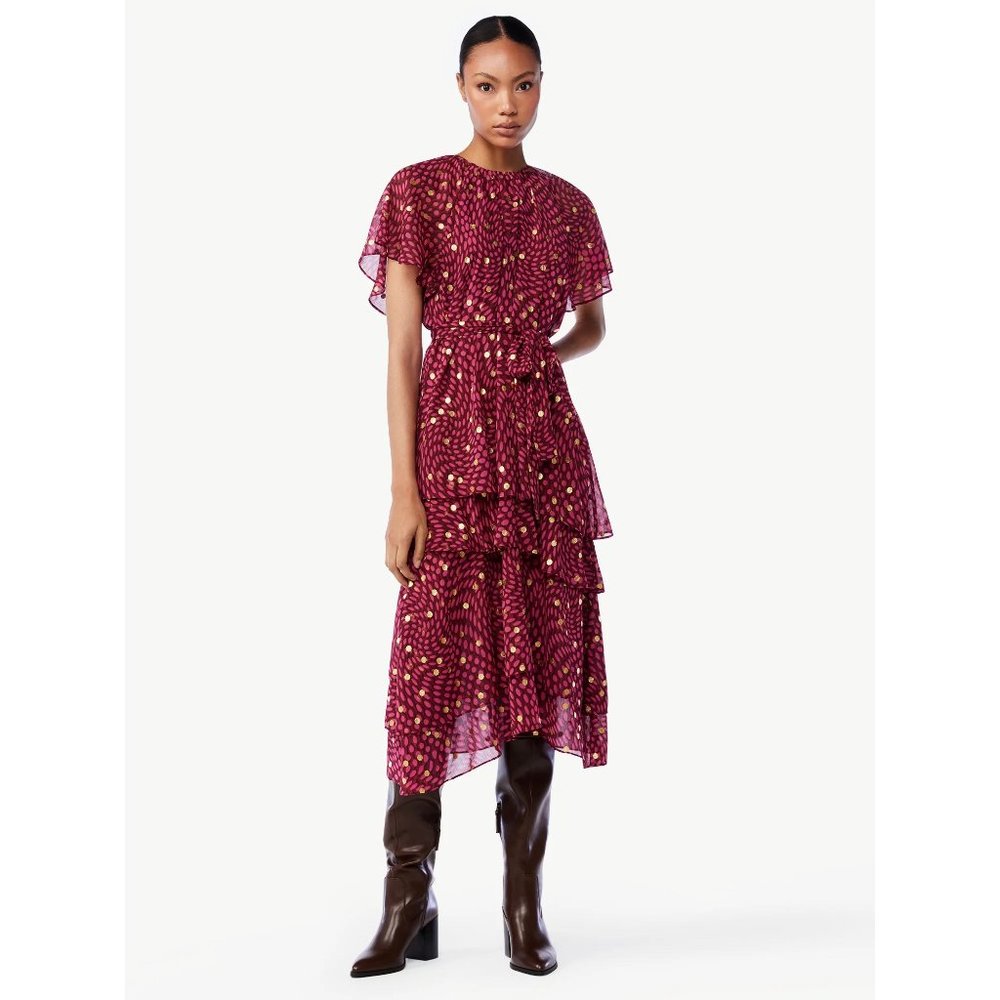 Scoop NYC Tie Waist Midi Tiered Dress NWT Size XS